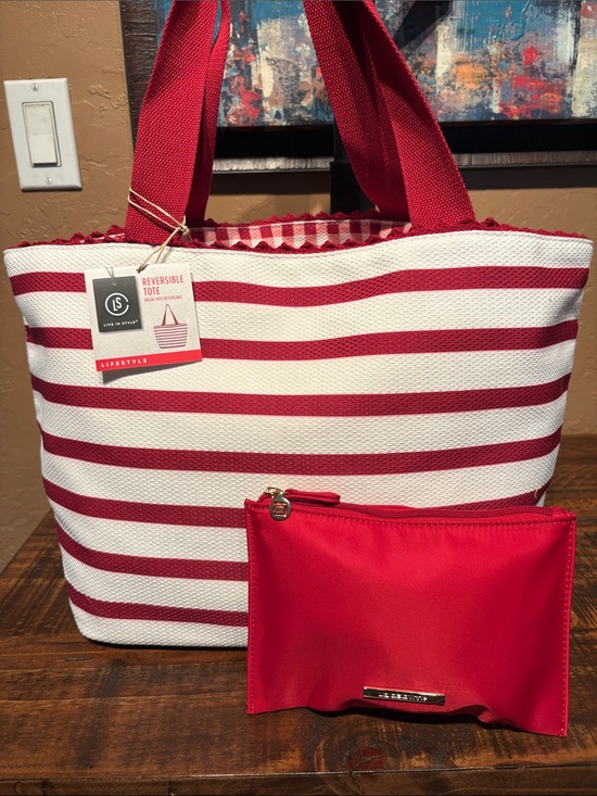 Bolso Handbags - Bolso NWT Large Canvas Reversible Tote with Liz Claiborne Red Nylon Pouch